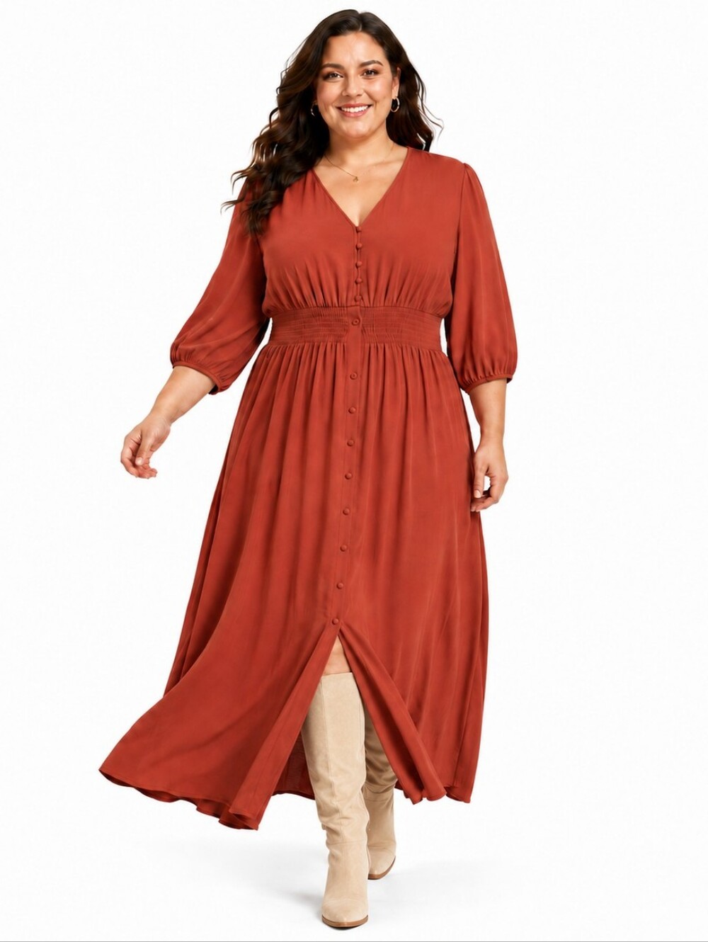 JUST FOUND Women's  3X Rustic Red Pleated V-Neck Button-Front Maxi Dress NWT